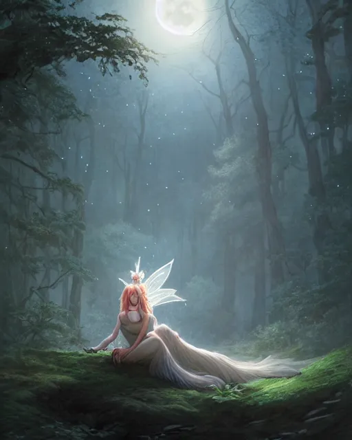 Image similar to attractive fairy goddness fly high in the night, d & d, fantasy, mist, full moon in background, trees, hyper detailed, art by artgerm and greg rutkowski and magali villeneuve, midium shot, 8 k realistic, cryengine, digital painting, trending on artstation, concept art, sharp focus, illustration,