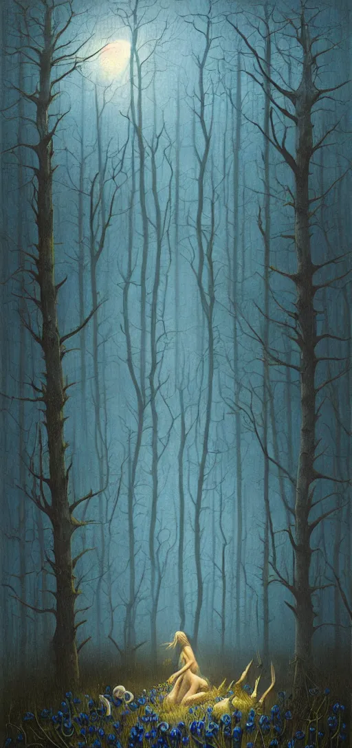 Image similar to painterly dreamy Kupala Night in the blue forest with trees which have eyes, giant flowers, glowing owls, deers, women, lianas, thistles, giant fantasy creatures, a stream and sky with moon and stars by Beksinski, Alex Grey, Aron Wiesenfeld and Giger dark fantasy, witcher, very detailed oil painting in the alla prima style, masterpiece, 8k