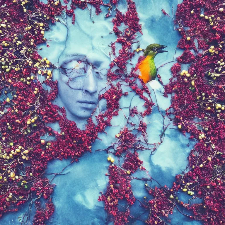 Image similar to human with the sea and the forest inside, veins diverge through the body like rivers filmed on a satellite, a person is decorated with wild berries, a beautiful bird is looking at him next, colorful picture