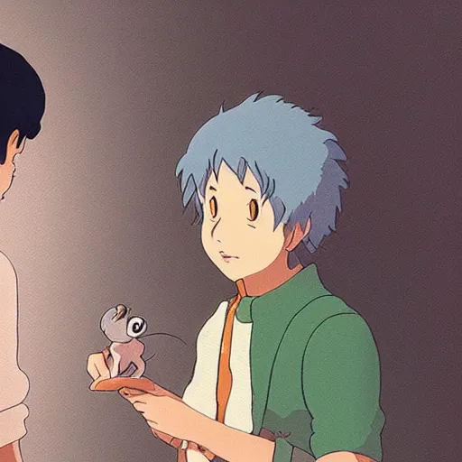 Prompt: friendly guy with small creature in the studio ghibli movie art smooth 8k highly detailed, detailed face, beautiful scene,