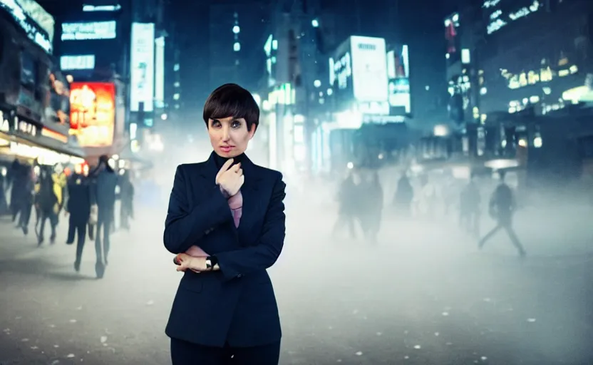 Image similar to a wide shot of a woman with a wool suit, very short hair, blurred face, wearing an omega speedmaster on her wrist in front of a crowded dystopian city full of people walking at night with fog and cyberpunk lights