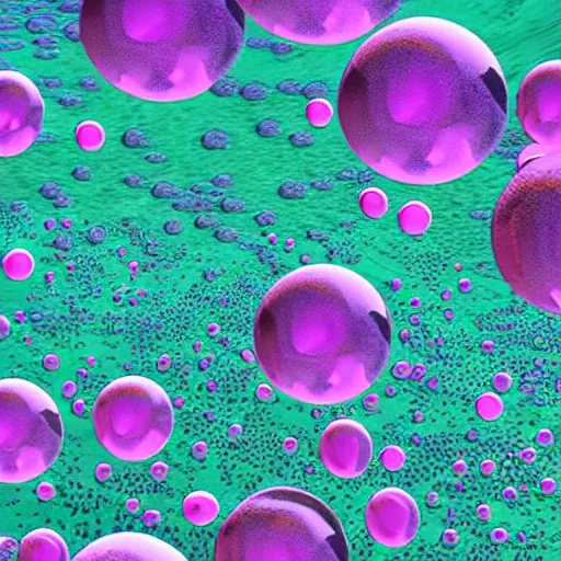 Image similar to giant pink purple bubbles with cities inside them