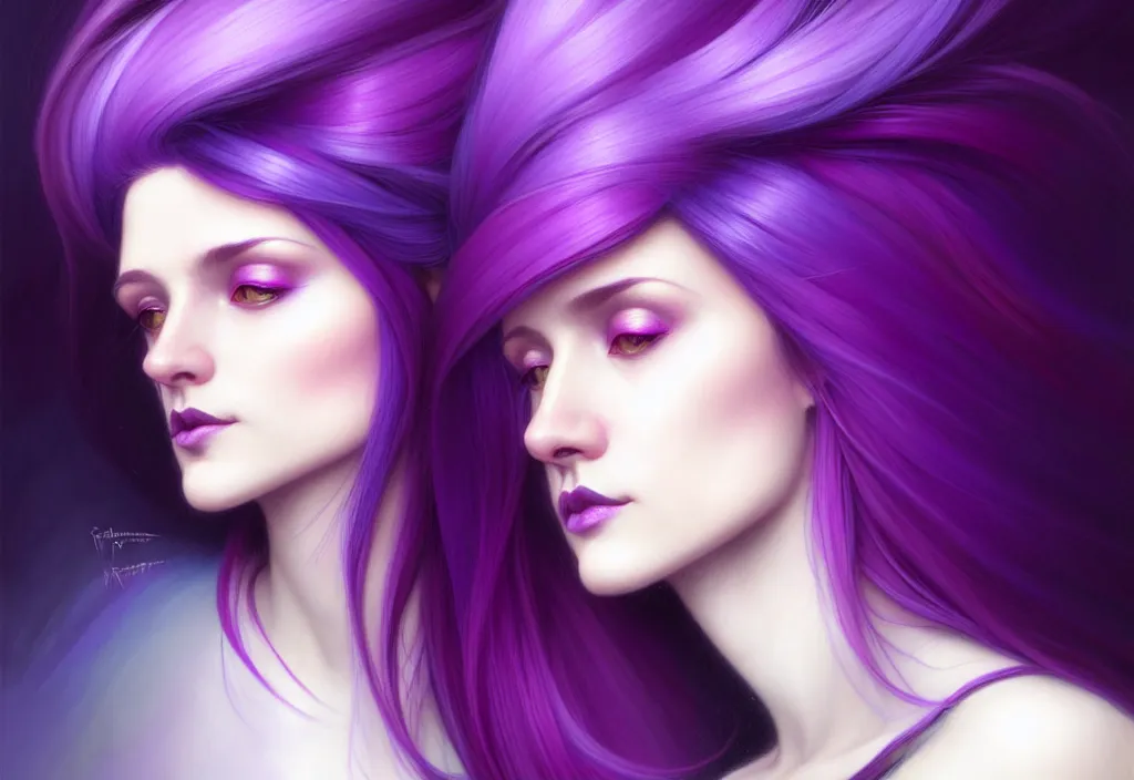 Image similar to Purple hair relistic Portrait of a two woman with bright colored flying hair, all shades of purple. Beauty face, Hair coloring, fantasy, intricate, elegant, highly detailed, digital painting, artstation, concept art, smooth, sharp focus, illustration, art by artgerm and greg rutkowski and alphonse mucha
