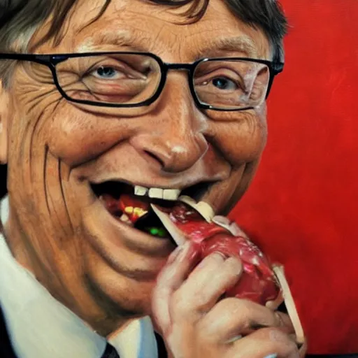 Image similar to masterful oil painting of bill gates eating babies while he talks to the devil, scary