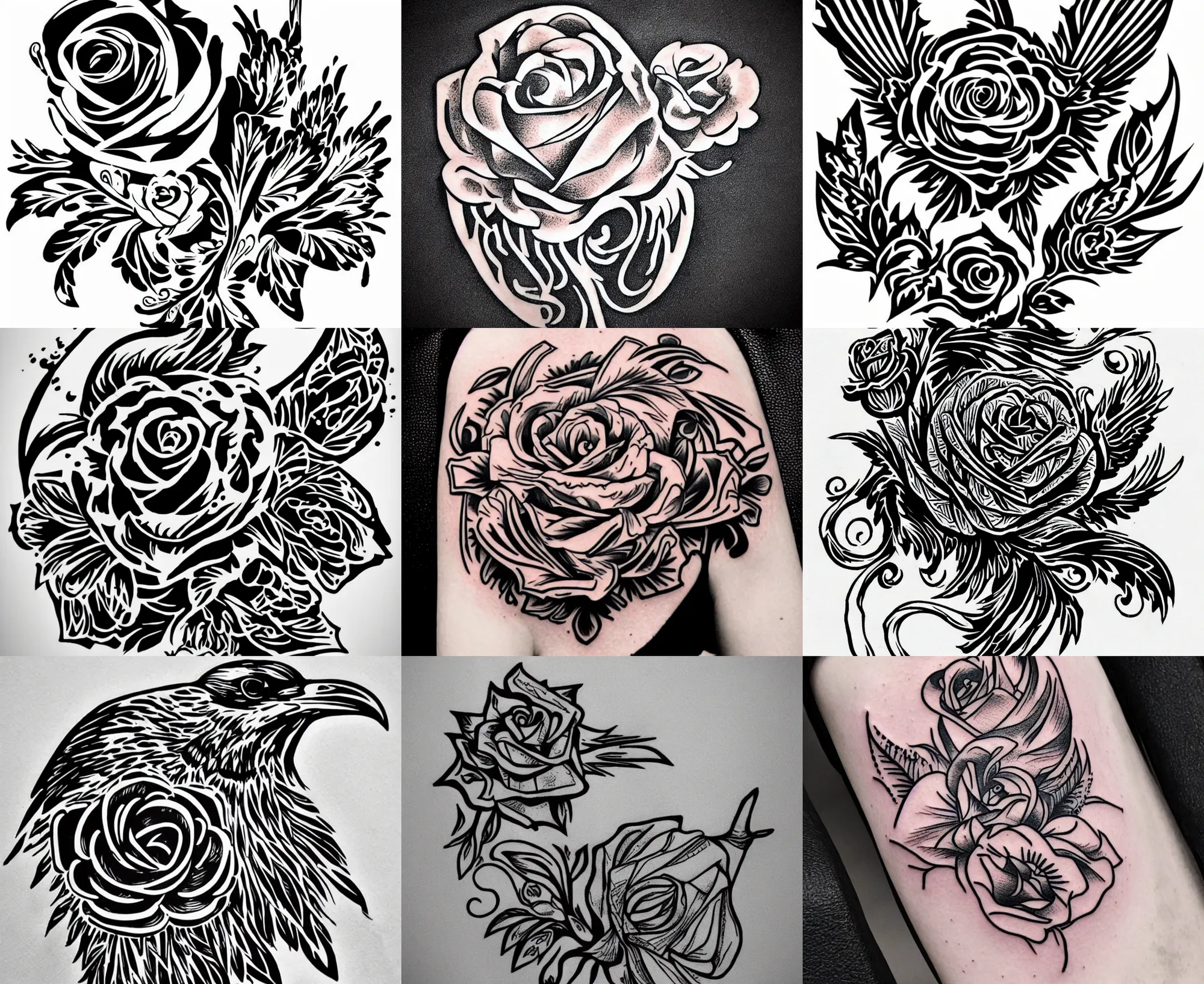 Image similar to Tattoo Stencil stylized crow rose Raven, bold strong lines very highly aesthetic