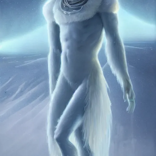 Image similar to a hyperrealistic illustration of an alien in the Arctic, white long clothes, snow on the body, blue transparent ice with fractal sunlight, award-winning, masterpiece, in the style of Tom Bagshaw, Cedric Peyravernay, Peter Mohrbacher