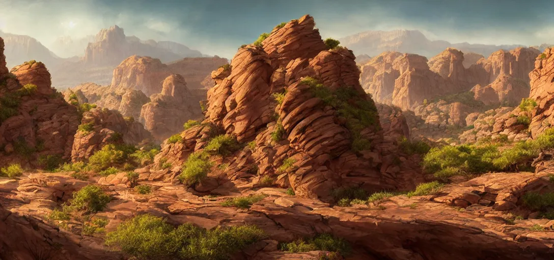 Image similar to beautiful utah desert, rock arcs, lush vegetation, landscape, alex ross, eddie mendoza, raphael lacoste, sebastian ludke, concept art, matte painting, highly detailed, rule of thirds, dynamic lighting, cinematic, detailed, magnificiant landscape, denoised, centerd