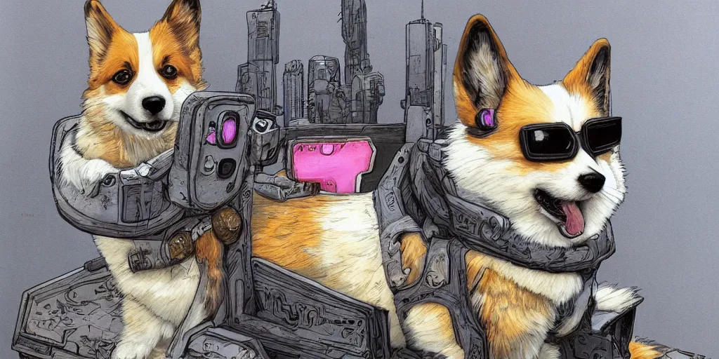 Prompt: dream a highly detailed painting of a cute fluffy cyberpunk corgi chilling on his throne, Zeen Chin and Farel Dalrymple , featured on Artstation