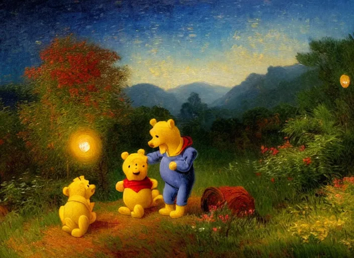 Image similar to romanticism impressionism landscape painting of winnie the pooh characters at night, night time, paper lanterns, string lights, in the style of hudson river school and thomas cole and albert bierstadt and vincent van gogh