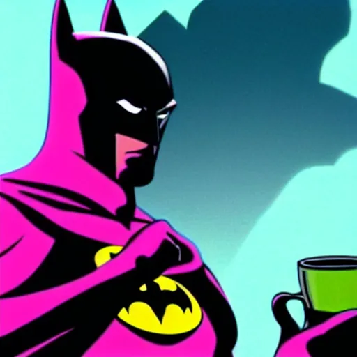 Image similar to movie still of batman drinking tea, vaporwave