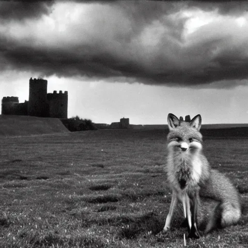 Prompt: anthropomorphic fox!! who is a me - dieval knight holding a swo - rd towards a stormy thundercloud [ 1 9 3 0 s film still ], ( castle in the background )