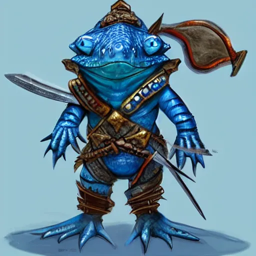 Prompt: a blue lizard warrior who is wearing a silly hat, highly detailed, fantasy, dnd, wearing armor, holding a sword