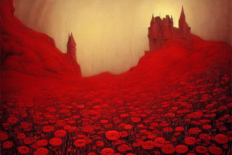 Image similar to only with red, red flowers of different types, a red tiger, a castle in the background, medieval demons dance over the flowers, an ancient path, in the style of beksinski, part by hopper, part by rodcenko, part by hofbauer, intricate composition, red by caravaggio, insanely quality, highly detailed, masterpiece, red light, artstation