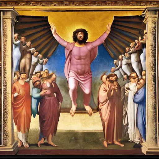 Image similar to Moodymann ascends to Heaven on a flying turntable, fresco, by Raphael, Giotto, Michelangelo