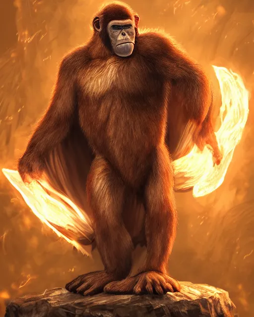 Prompt: fury art, an anthro ape wearing a large cape and a fantasy armor, fire, fiery background, 3 d, 8 k, extremely detailed, trending on furaffinity, trending on artstation, award winning, sharp focus, illustration