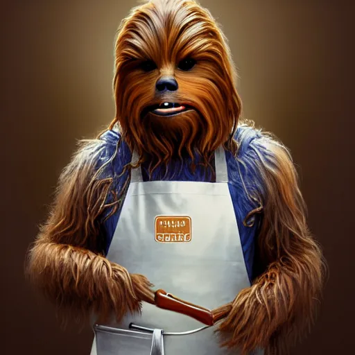 Image similar to portrait of chewbacca wearing an apron making pancakes in a 1 9 7 0 s kitchen, intricate, headshot, highly detailed, digital painting, artstation, concept art, sharp focus, cinematic lighting, illustration, art by artgerm and greg rutkowski, alphonse mucha, cgsociety