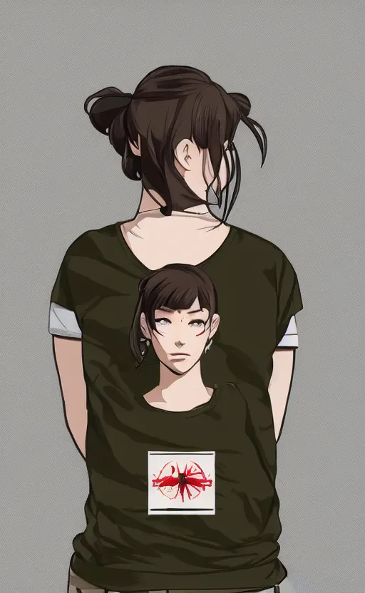 Image similar to T-shirt design, portrait of soldier girl, 2022 anime style, clean logo, graphic templates, flight squadron insignia, no text, soldier clothing, realistic military gear, inspired by shirt designer, made in blender, no background, vector line art, by ilya kuvshinov, trending on teemill, symbology, realistic human anatomy, high resolution, matte, empty hands, realistic military carrier