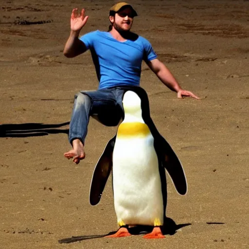 Image similar to chris pratt riding a penguin