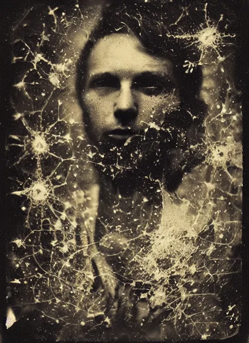 Image similar to old wetplate daguerreotype portrait, explosion of data fragments, fractal, intricate, elegant, highly detailed, parallax, leica, medium format, subsurface scattering, by damian hirst