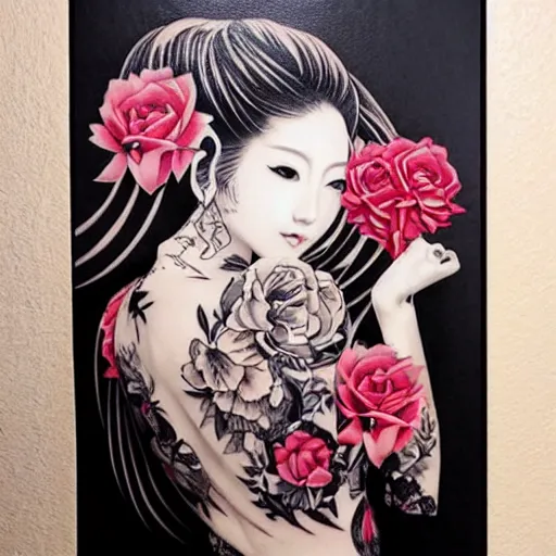 Prompt: tattoo design, stencil, traditional, portrait of a beautiful japanese girl framed by roses by artgerm, artgerm