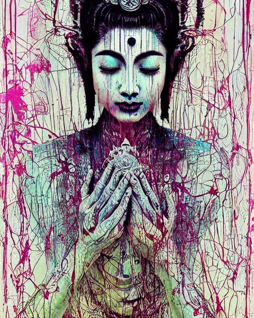 Image similar to strikingly beautiful female bodhisattva, praying meditating, realism, elegant, intricate, portrait photograph!! by Carne Griffiths and David Cronenberg