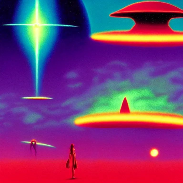 Image similar to spooky ufo hovers over female silhouette, ( ( synthwave ) ) ( ( fractal waves ) ), bright neon colors, highly detailed, cinematic, tim white, roger dean, michael whelan, caza, bob eggleton, philippe druillet, vladimir kush, kubrick, alfred kelsner, vallejo