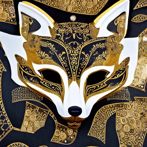 Prompt: an ornate fox mask, detailed with white and gold filagree and goldleaf decorative elements, sitting on a desk, painstaking detail, black lacquer, glossy shiny reflective, splashed with graffiti art