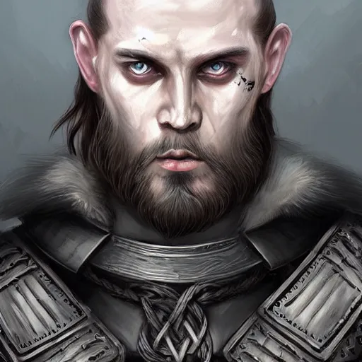 Prompt: portrait of solemn, ice-pale undead viking warrior with black veins and brutalist plate armor with art deco knotwork, elegant, intricate, head and upper body portrait, D&D, fantasy, highly detailed, digital painting, artstation, concept art, sharp focus, illustration, art by artgerm and brom and bezsinski and greg rutkowski and alphonse mucha