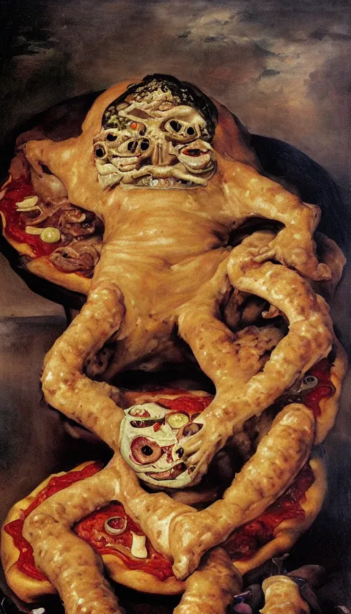 Prompt: oil portrait of evil pizza hut stuffed crust with human limbs as toppings, hyperrealistic, surrealcore, lovecraftian, 4 k by francisco goya