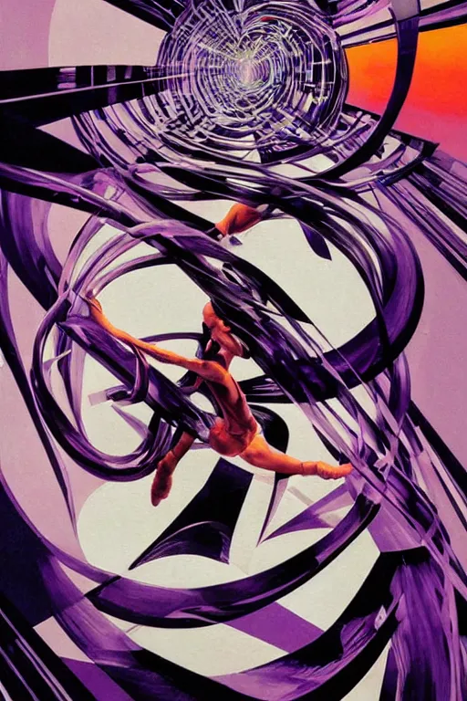 Prompt: wideangle action, a wild beautiful ballet techno dancer tangled in the tendrils of reality, madness, decoherence, synthwave, glitch!!, fractured reality, vortex, realistic, hyperdetailed, concept art, art by syd mead, cubism