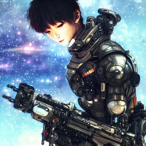 Image similar to photorealistic, bokeh, beautiful detail, stars in the sky, cybernetic, sci-fi space game art, jeon Jungkook holding a gun. alien planet art by Akihito Yoshitomi AND Yoji Shinkawa AND Greg Rutkowski, Mark Arian trending on artstation