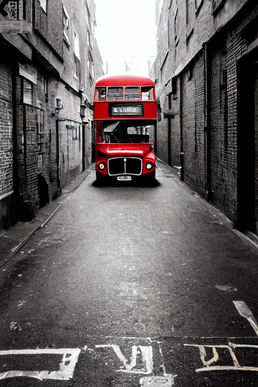 Image similar to a widescreen photo of a old london double - decker bus in a dark alley, low light, by steve mccurry