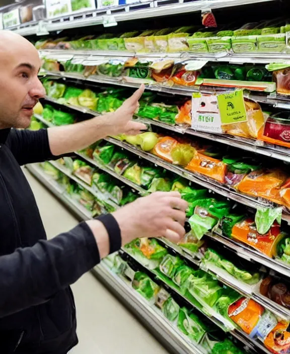 Image similar to a bald man gestures to a display of'suddenly salad'boxes at the end cap inside a supermarket