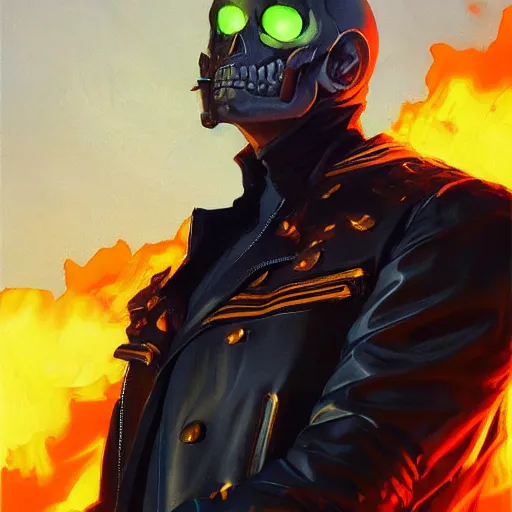 Image similar to greg manchess portrait painting of ghost rider as overwatch character, medium shot, asymmetrical, profile picture, organic painting, sunny day, matte painting, bold shapes, hard edges, street art, trending on artstation, by huang guangjian and gil elvgren and sachin teng