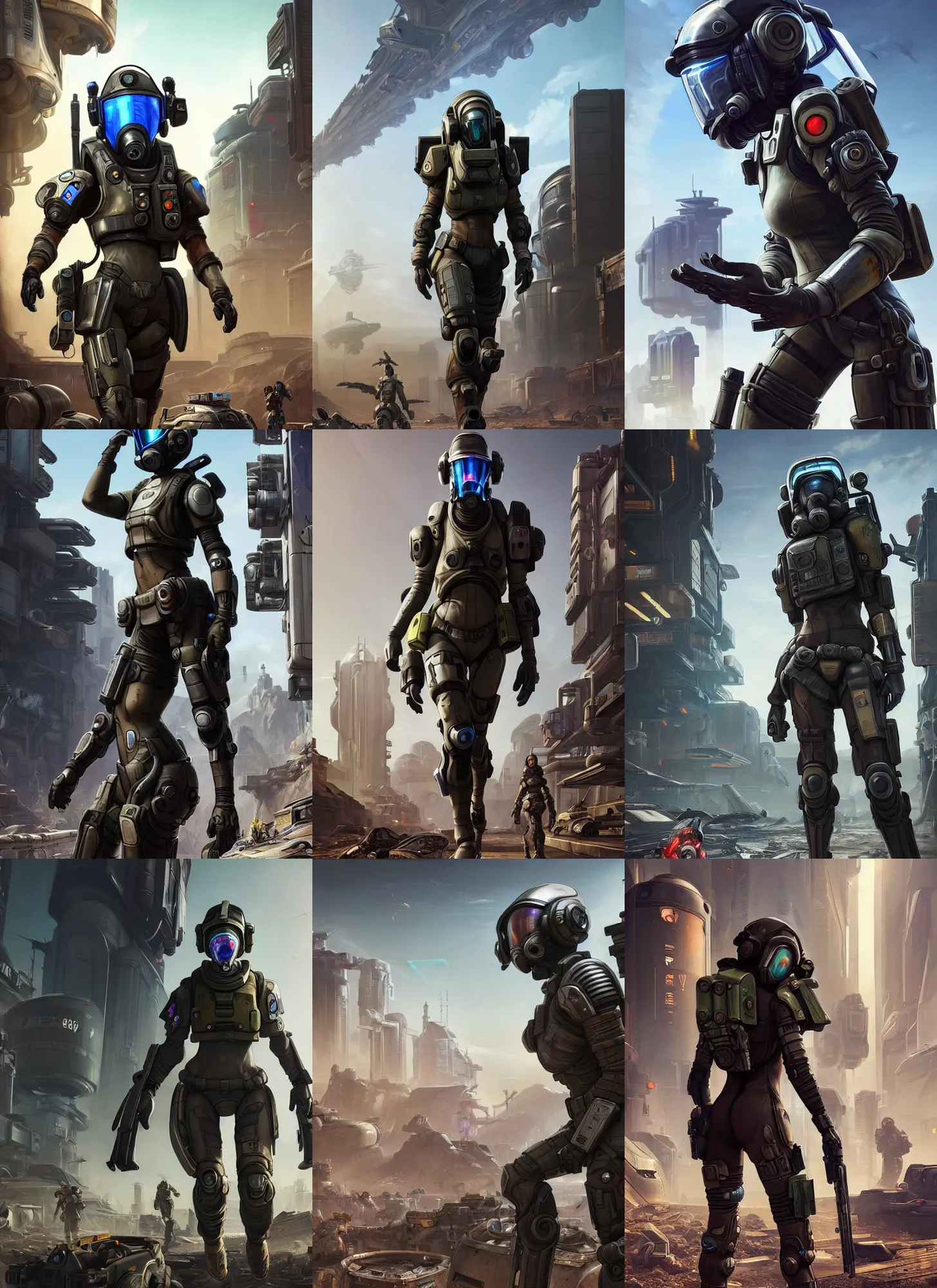 Prompt: realist painting of a female IMC pilot walking across a cyberpunk wasteland without a helmet, symmetrical face details, League of Legends Character Splash Art, ultra realistic, very highly detailed, 8K, octane, Digital painting, concept art, illustration, rule of thirds, sharp focus, centered, Halo Spartan Armor!!, Apex Legends!!, rubber suit, Zdzisław Beksiński