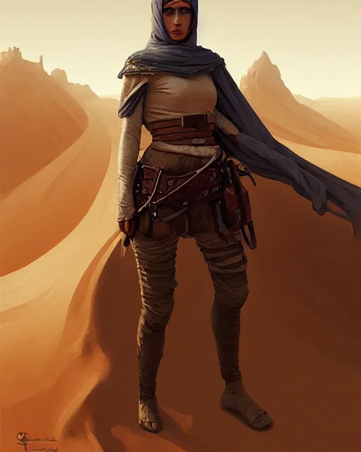 Image similar to female desert stalker, middle ages, lonely rider, covered head, full body | | realistic shaded, fine details, realistic shaded lighting poster by greg rutkowski, diego gisbert llorens, magali villeneuve, artgerm, jeremy lipkin and rob rey