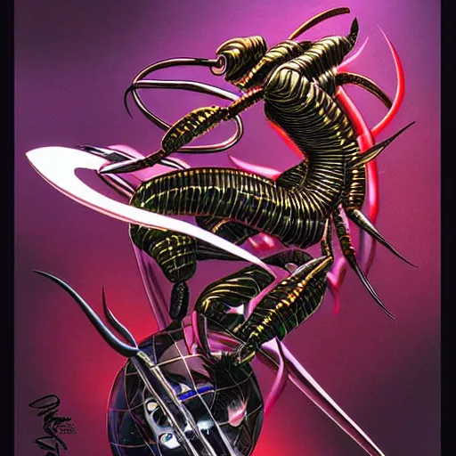 Image similar to bionic scorpion, art by peter lloyd, 1 9 8 0's art, retro art, airbrush style, art by hajime sorayama, intricate, elegant, sharp focus, illustration, highly detailed, concept art, matte, sharp focus, illustration, highly detailed, h 8 0 0