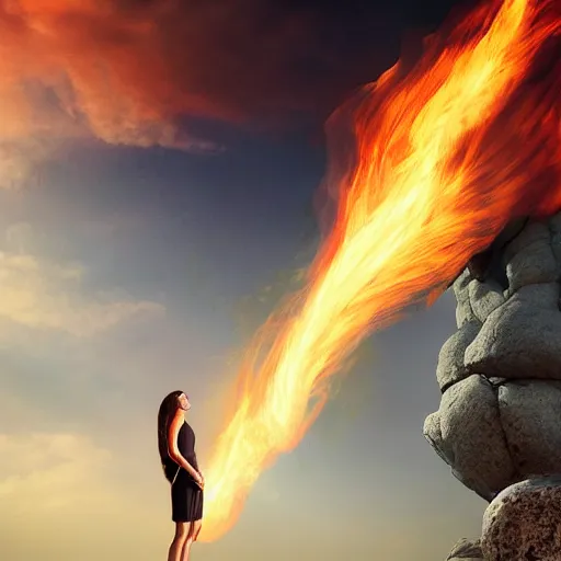 Prompt: a woman up there, sci - fi, on fire, giant, photoshop, creative and cool, photo manipulation