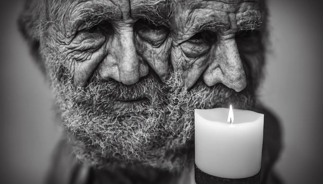 Image similar to a close up portrait of one solitary old underweight scruffy man alone frozen, full colour, hyper realistic photo, candle light, shallow depth of field, upscale, 8 k, masterpiece,