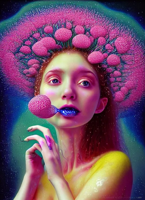 Image similar to hyper detailed 3d render like a Oil painting - Aurora (Singer) looking adorable and seen joyfully Eating of the Strangling network of yellowcake aerochrome cracks and milky Fruit and Her delicate Hands hold of gossamer polyp blossoms bring iridescent fungal flowers whose spores black the foolish stars to her adorable smirking mouth by Jacek Yerka, Mariusz Lewandowski, Houdini algorithmic generative render, Abstract brush strokes, Masterpiece, Edward Hopper and James Gilleard, Zdzislaw Beksinski, Mark Ryden, Wolfgang Lettl, hints of Yayoi Kasuma, octane render, 8k