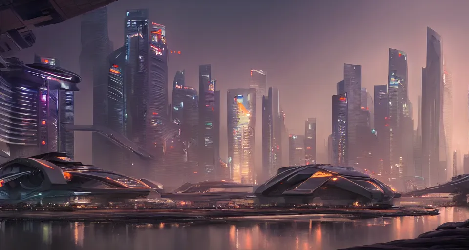 Prompt: futuristic oriental robotic singapore jerusalem dubai city, long shot cinematic epic lighting concept art wide shot digital art trending on artstation 4 k extremely detailed cinematic realistic evening time, contrast dusk vegetation water futuristic suburbs by greg rutkowski martin ansin john blanche alejandro burdisio, photographed by victor enrich