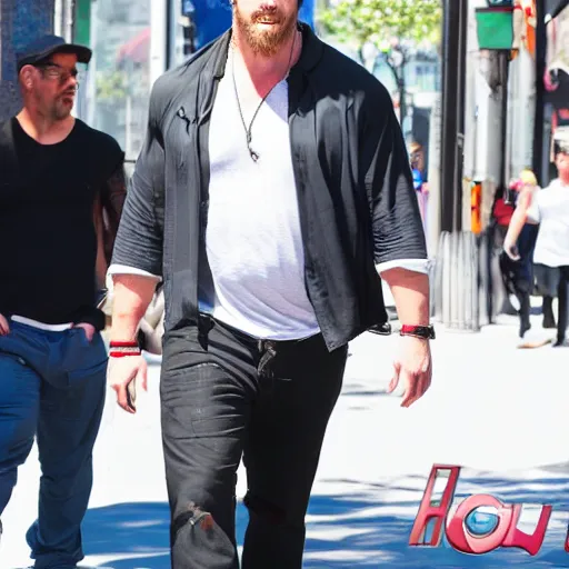 Image similar to Obese Chris Hemsworth spotted in the city, TMZ, Sony a7R IV, symmetric balance, polarizing filter, Photolab, Lightroom, 4K, Dolby Vision, Photography Award