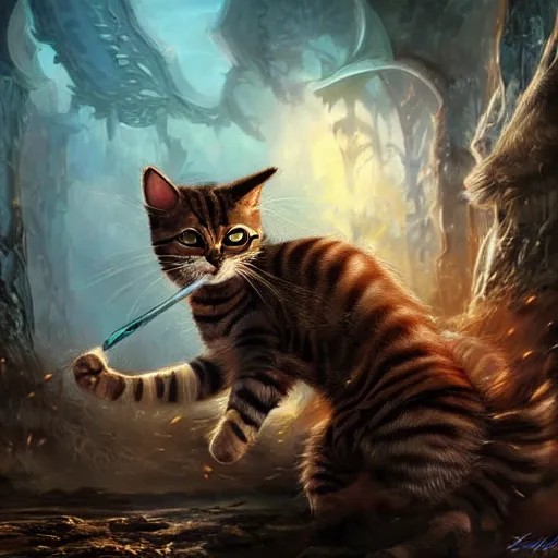 Image similar to a hyper realistic cat warrior, ultra detailed, magic the gathering art, digital art, cinematic, studio lighting, background battlefield, fantasy,