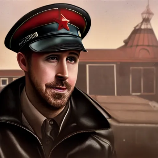 Prompt: fullbody of ryan gosling in glasses, wearing black leather coat and soviet russian peaked cap with soviet star on it, russian ww 1, russian thach houses at background, style ivan talavera and artgerm, radiant lighting, hyper realistic, photorealistic, octane render, trending on artstation, cgsociety, cinematic light, global illumination, high detailed face