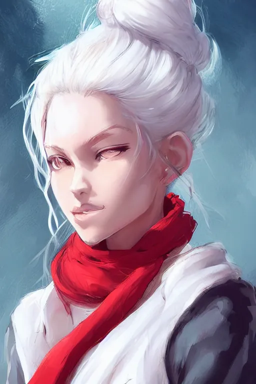 Prompt: portrait of a girl with white hair in a messy white hairbun. She is wearing a short black tshirt, jeans pants, a red scarf. digital art, character design. in the style of wlop, rossdraws, artstation trending
