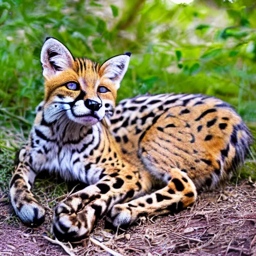 Prompt: a photograph of an ocelot and fox hybrid