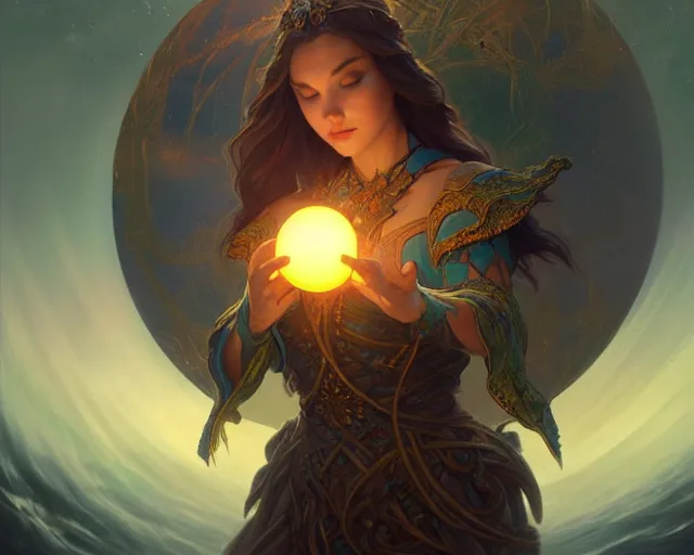 Prompt: glowing orb in the middle of the lake, deep focus, d & d, fantasy, intricate, elegant, highly detailed, digital painting, artstation, concept art, matte, sharp focus, illustration, hearthstone, art by artgerm and greg rutkowski and alphonse mucha