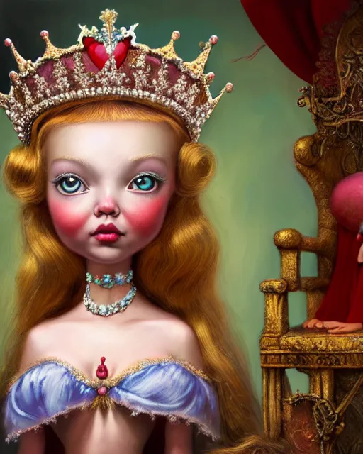 Image similar to closeup profile portrait of a tin toy fairytale princess wearing a crown and sitting on a throne, bikini, hyper realistic, artstation, illustration, concept art by nicoletta ceccoli, mark ryden, lostfish, dan decarlo, bob clampett, max fleischer, digital paint, matte paint, vivid colors, bright, cheerful, detailed and intricate environment