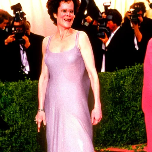 Prompt: enchanting Sigourney Weaver at the met Gala laughing and drinking champagne, beautiful gown dress, 1984, cinematic quality, high octane