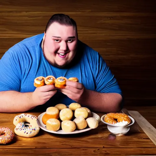 Image similar to big fat guy sitting at a dirty table with too many donuts on his plate,